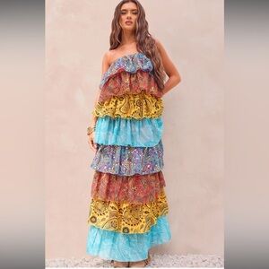 NWT PLT multi patchwork paisley print tiered maxi dress